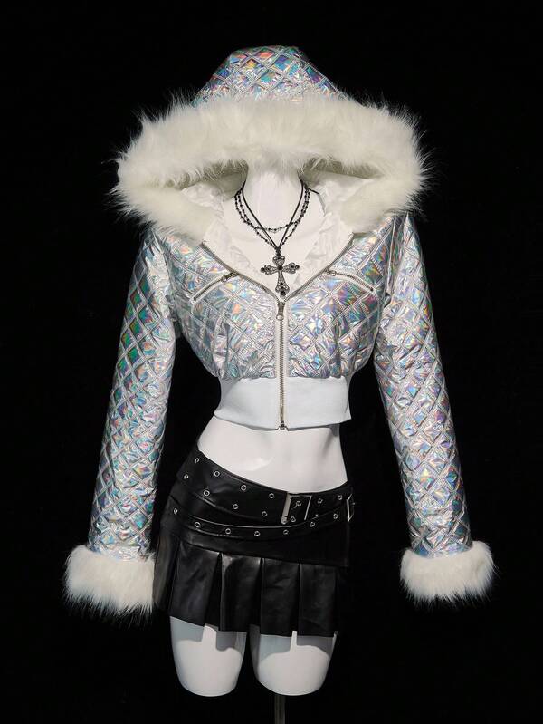 SHEIN ICON Women's Cropped Colorful Reflective Long Sleeve Padded Coat, Frayed Trim Decor, Fitted & Sexy, Autumn/Winter Rave Clothes Crop Top Jacket