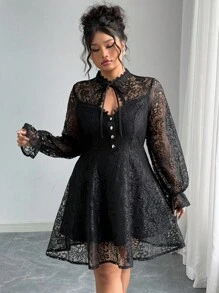 Elenzga Đầm dự tiệc dài tay ren thanh lịch cỡ lớn dành cho nữ - màu đen - Xem 6