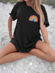 DrmWander 大码女式字母印花圆领图案 T 恤，复古休闲短袖 T 恤，适合日常穿着，女士夏季