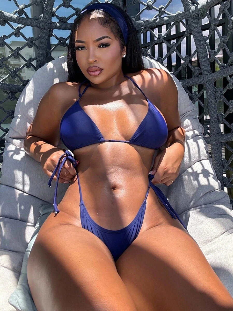Alexandranx Summer Beach Plain Halter Bikini - Navy Blue - View 1