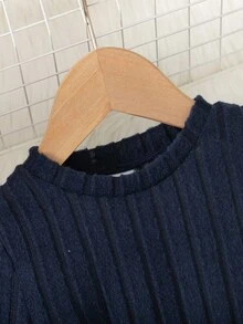 SHEIN 2 件女童罗纹长袖连衣裙（含紧身裤）套装，春秋 - 藏蓝色 - 查看 4