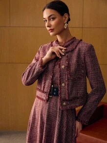 MOTF PREMIUM TWEED RAW TRIM BOXY JACKET, FALL WINTER - Burgundy - View 4