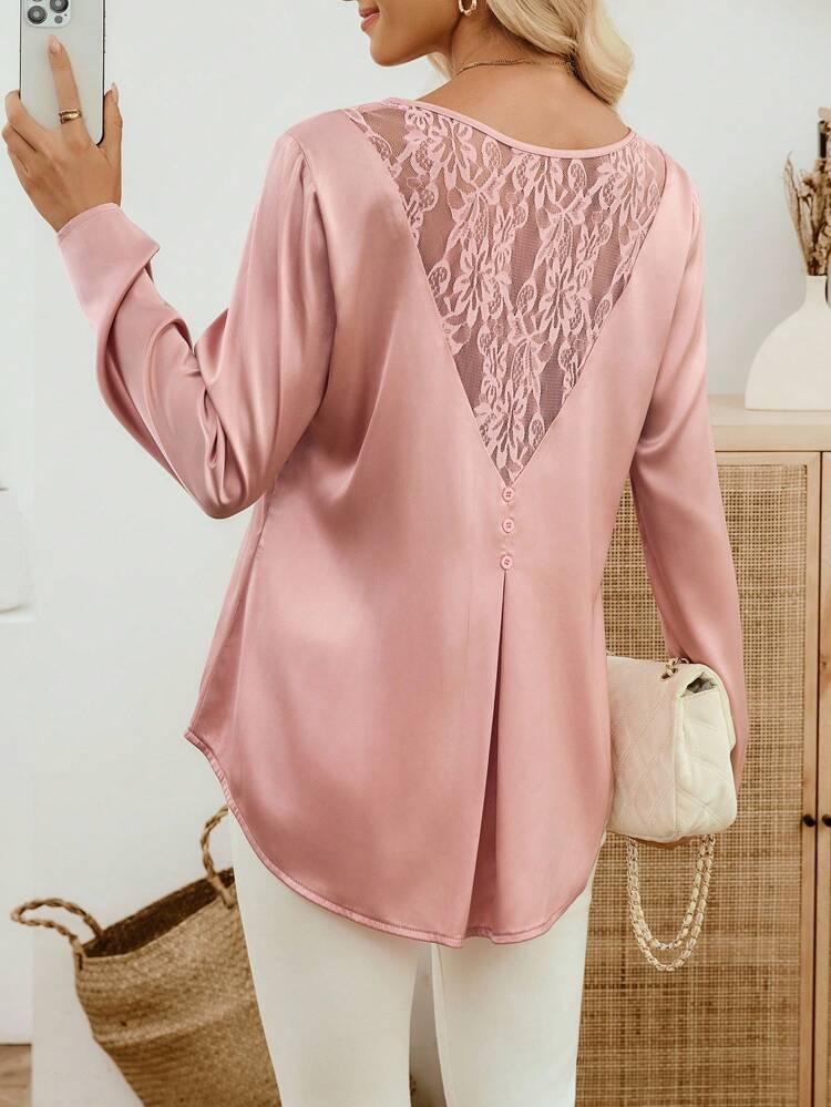 Elegant Commuter Solid Color Lace Patchwork Long Sleeve Shirt