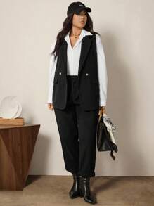 Comfylo Conjunto de traje de lana negro para mujer talla grande, para trabajo/oficina, disfraz de Halloween, elegante para fiesta en otoño/invierno - Negro - Ver 6