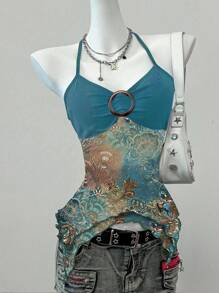 SHEIN EZwear 印花网眼性感吊带系带露背女式衬衫