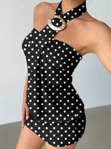 Aloruh 女式 Y2K 前卫性感紧身金属纽扣装饰吊带黑色迷你超短夜店连衣裙，适合夏季 - 彩色 - 查看 3