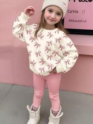 SHEIN Happikins 2pcs Young Girl Leopard Bow Print Sweatshirt & Pink Leggings Set,Casual Crew Neck Long Sleeve Autumn Clothes,Back-To-School,School Outfit