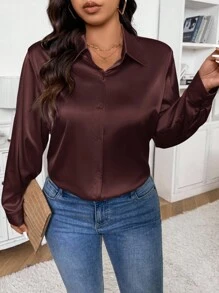 SHEIN Frenchy 休閒法式緞面米色大尺碼襯衫，適合辦公、通勤和日常穿著，女款秋季服飾 - 咖啡棕 - 查看 4