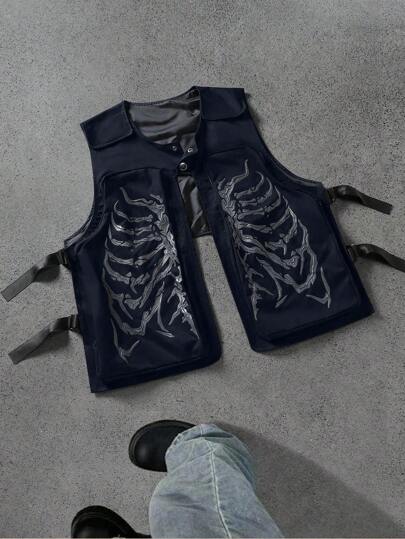 PAVTROS Manfinity Streetrush Men's Skeleton Print Pocket Casual Vest, Vacation Halloween Summer Autumn Outing Streetwear Vest, Gift Weighted Vest For Friends, Husband, Boyfriend Mens Vest Navy Blue Vest Techwear Vest Skeleton Vest Graphic Vest, Skeleton Vest, Gothic Vest, Men Vest, Navy Blue Vest, Vest