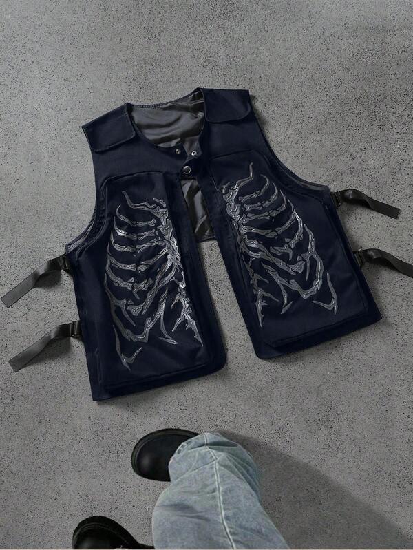 PAVTROS Manfinity Streetrush Men's Skeleton Print Pocket Casual Vest, Vacation Halloween Summer Autumn Outing Streetwear Vest, Gift Weighted Vest For Friends, Husband, Boyfriend Mens Vest Navy Blue Vest Techwear Vest Skeleton Vest Graphic Vest, Skeleton Vest, Gothic Vest, Men Vest, Navy Blue Vest, Vest