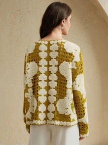Anewsta Áo khoác len cardigan dệt kim hở cổ, tay dài, một hàng khuy, họa tiết hoa dành cho nữ - Màu vàng - Xem 3