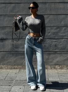 DAZY Hohlmuster Rücken Europäischer & Amerikanischer Stil Slim Fit Rundhals Kurz Strickpullover Herbst Schule - Grau - Übersicht 6