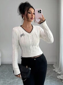 Elenzga Women's New Autumn/Winter V-Neck Long Sleeve Rope Floral Colorblock Butterfly Embroidery Cropped Chic Knit Pullover Top Fall Cloth For Women - Beige - View 1