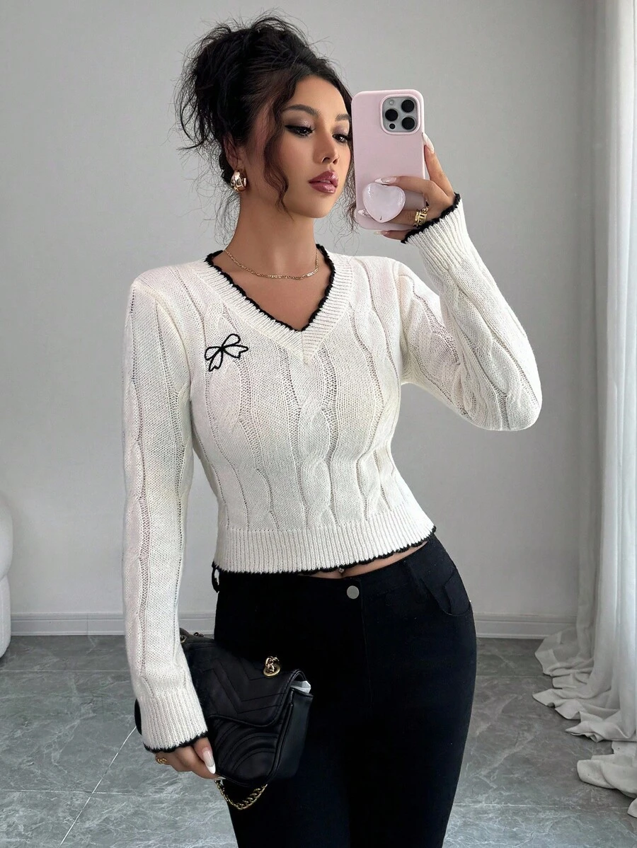 Elenzga Women's New Autumn/Winter V-Neck Long Sleeve Rope Floral Colorblock Butterfly Embroidery Cropped Chic Knit Pullover Top Fall Cloth For Women - Beige - View 1