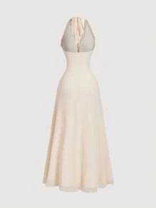 SHEIN MOD Women's Apricot Color Mesh Ruffle Floral Print Dress, Summer Halter Neck Dress,Graduation Dresses - Apricot - View 2