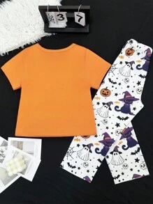 Conjunto de pijama de pantalón y manga corta con estampado de dibujos animados naranja de Halloween para niñas pequeñas - Multicolor - Ver 2