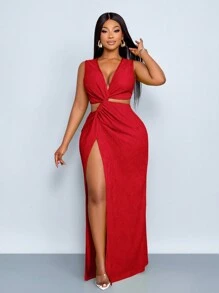 SOLERSUN 大码女式连衣裙，纯色纹理面料，红色高开衩长裙，腰部镂空并饰有打结细节，适合浪漫场合、情人节、派对、音乐节、圣诞节等。图案包括雪花、雪人、姜饼人、驯鹿、拐杖糖，充满圣诞、秋冬等风格。 - 紅色 - 查看 6