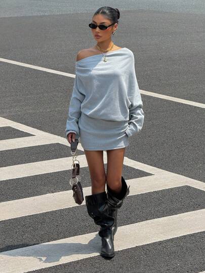 SHEIN EZwear 女式秋季新款羊绒混纺斜肩长袖修身连衣裙