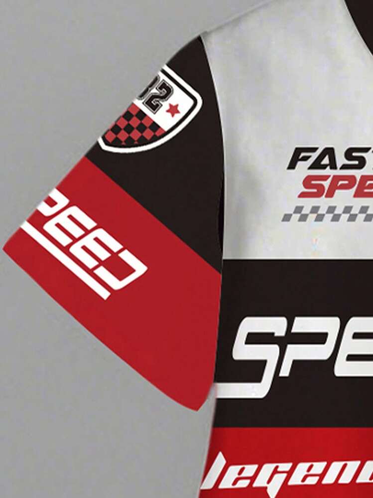 SHEIN Playful Pals 1 套男婴时尚个性化红白字母印花圆领短袖 T 恤和短裤套装，休闲赛车短袖服装 - 彩色 - 查看 5