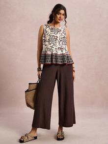 SHEIN LUNE Conjunto de 2 piezas de talla grande para mujer con top sin mangas y pantalones de pierna ancha con estampado de paisley, versátil y casual