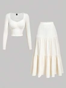 SHEIN MOD 2 件套：修身长袖方领上衣和层叠百褶裙，日常休闲装，白色裙子和上衣套装，奶油色两件套，夏季两件套裙，女士 2 件套裙，层叠裙套装，女士秋季服装 - 白色 - 查看 3