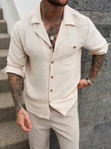 Manfinity Homme Camisa de lino de unicolor casual para hombre con hebilla frontal, de manga larga y cuello, para salir, camisa abotonada beige, camisa cubana de lino para hombres, camisa de verano para hombres - Albaricoque - Ver 5