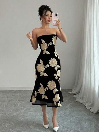 Rafferiza Ärmlös klänning i mesh med 3D-mönster och blommig design för kvinnor