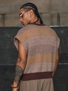 AXEPEAK Chaleco de punto casual de moda con cuello redondo y contraste de color para hombre, otoño e invierno - Multicolor - Ver 2