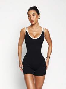 Dewbera 女士无缝撞色蝴蝶结性感运动连体裤 - 黑色 - 查看 3