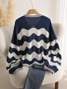 CosyJoli 大码休闲条纹波浪纹理流苏前系带开衫