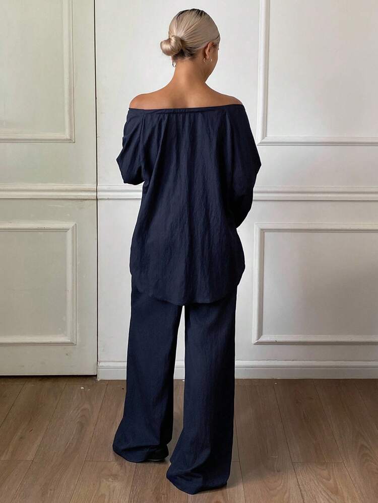 Solid Color Ruched Design Loose Women's Pajama Set