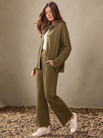 Wildy アメリカンカントリースタイル カジュアル グリーンルームウェアセット、カーディガン&ベーシックミニマリスト2点セットルームウェア、レディース2点セットルームウェア、レディースコーデセット、レディースカジュアルセット、レディースパンツセット