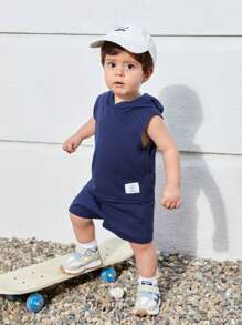 Baby Boy Letter Patched Detail Hooded Tank Top & Drawstring Waist Shorts Plain Baby Boys Setsbaby Boy Summer Sets2 Pcs Set Kids - Navy Blue - View 5
