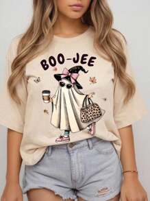 ReShift Women's Plus Size Round Neck Short Sleeved Halloween T-Shirt, Printed With Ghosts And Slogans, Can Be Worn All Year Round - Apricot - View 4