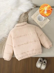 Young Boys Solid Color Minimalist Everyday Padded Coat, Long Sleeve Fall Winter - Apricot - View 2