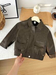 SHEIN Kids/Young Boy Casual Everyday Versatile Comfortable PU Collar Patch Pocket Loose Woven Thick Motorcycle Jacket, Suitable For School, Garden, Beach, Birthday, Spring, Summer, Fall, Winter - Bronze - View 9