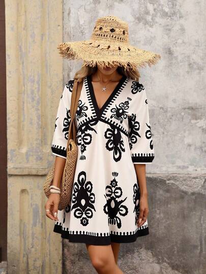 Brillora Women's Vacation Floral Print V-Neck Short Sleeve Stylish Mini Dress, Casual Vacation Boho Floral Print Sun Dress,4th Of July Clothes,Summer Outfits For Women Vacation Dress