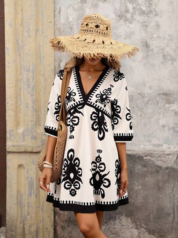 Brillora Women's Black N White Summer Boho Beach Vacation Holiday Floral Print V-Neck Short Sleeve Mini Dress,Stylish Casual Sun Dress,4th Of July Outfits