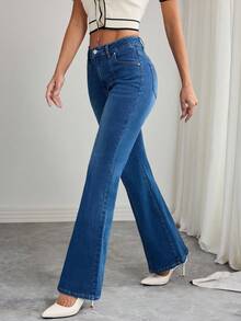 Elenzga Quần jeans ống loe ôm vừa vặn, giặt thường ngày dành cho nữ - Màu xanh lam - Xem 5