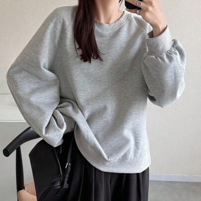 여성용 솔리드 그레이 라운드 넥 루즈 캐주얼 다용도 밑단 슬릿 커프 플리스 스웨트셔츠, 패셔너블한 가을