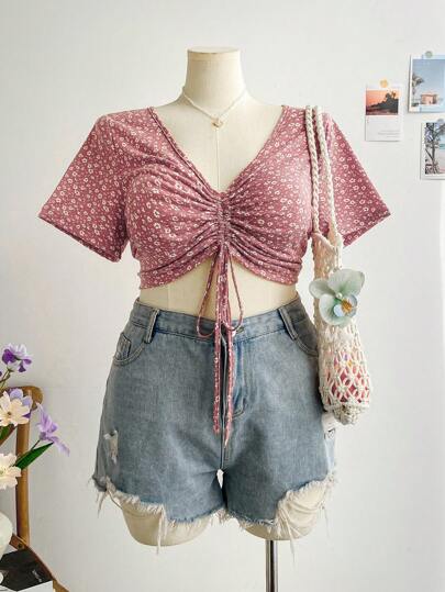 Plus Ditsy Floral Print Drawstring Summer Boho Tee