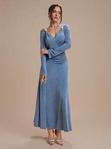 Modelyn Women's V-Neck Metal Buckle Asymmetrical Ruched Waist Elegant Versatile Daily Casual Party Dress,Fall Wedding Guest Dress,Fall Dresses For Women