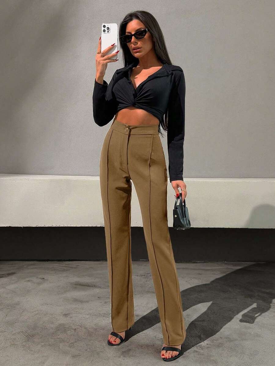 RueChic Solid Straight Leg Trousers - Chocolate Brown - View 1