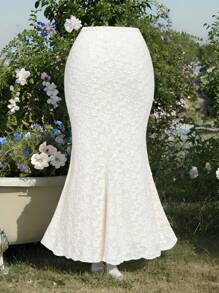 SHEIN MOD 加大码女式蕾丝鱼尾裙，优雅适合工作、日常休闲和度假，夏季 - 米色 - 查看 2