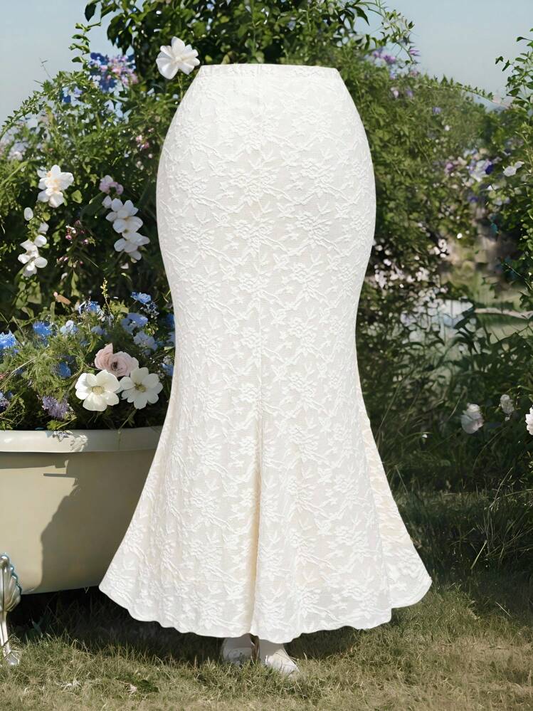 SHEIN MOD 加大码女式蕾丝鱼尾裙，优雅适合工作、日常休闲和度假，夏季 - 米色 - 查看 2
