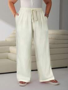 SHEIN EZwear Plus Size Solid Color Drawstring Pocket Casual Pants, Spring/Summer,Back To School - Beige - View 6