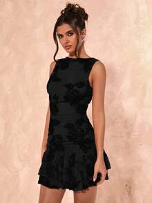 SHEIN BAE Women's Summer Vacation Elegant Textured Knit Fabric Double Layer Ruffle Hem Mini Dress,Beach Outfits For Woman,Concert Outfit Women,Brunch Outfits For Women,Beach Vacation Outfits,Festival Outfits For Women,Birthday Dress,Graduation Dress,Valentine's Day,Valentine Outfits For Women - Black - View 5