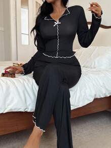 SHEIN Women's Black & White Contrast Trim Slim Fit Long Sleeve Top & Pants Pajama Set, Autumn/Winter, Fall Clothes, Cozy Outfits - Black - View 6