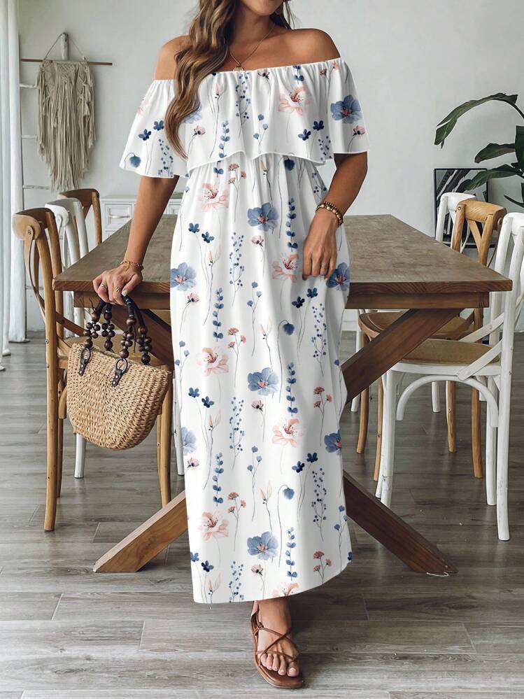 SHEIN VCAY Plus Size Elegant Off-Shoulder Floral Print Ruffle Hem Slit Maxi Dress, Casual Vacation Chic Dress - Multicolor - View 4