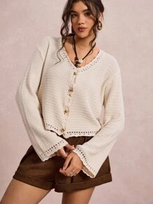 SHEIN VCAY 大码休闲纽扣前喇叭袖开衫 - 杏色 - 查看 5